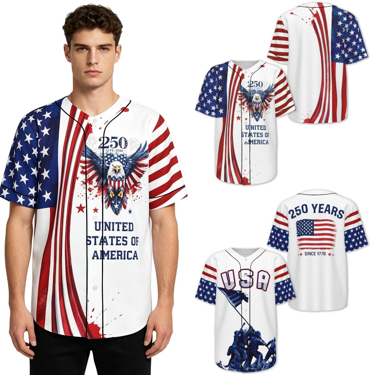 USA 250 Years Baseball Jersey Patriotic Eagle Statue of Liberty Graphic Button Down Baseball Shirt for Men Women Independence Day V Neck Baseball Uniform Red White Blue Printed Jersey Top S-5XL American Flag Celebration Outfit