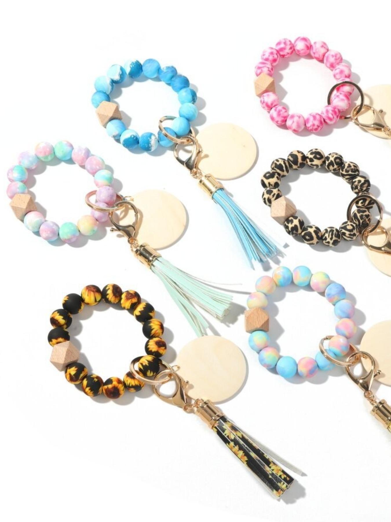 Women's Leopard Print Silicone Bead Wood Bead Tassel Bracelet Keychain, Printed Silicone Bead Wood Slice Wrist Keychain Logo Wooden Plate