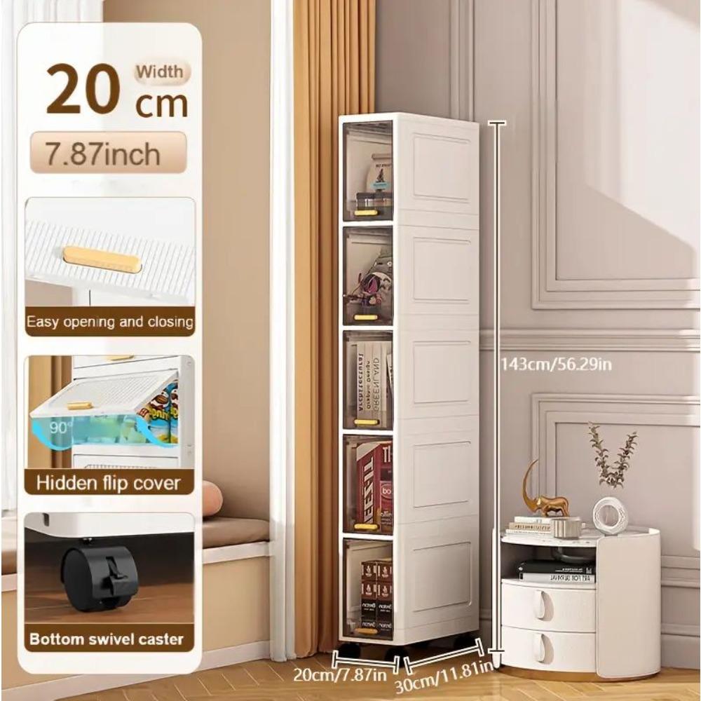 Multi-layer tall and narrow bathroom storage cabinet, portable toiletries storage cabinet with wheels, space-saving stackable storage containers, flip-top transparent cabinet door design, narrow storage unit, for small spaces