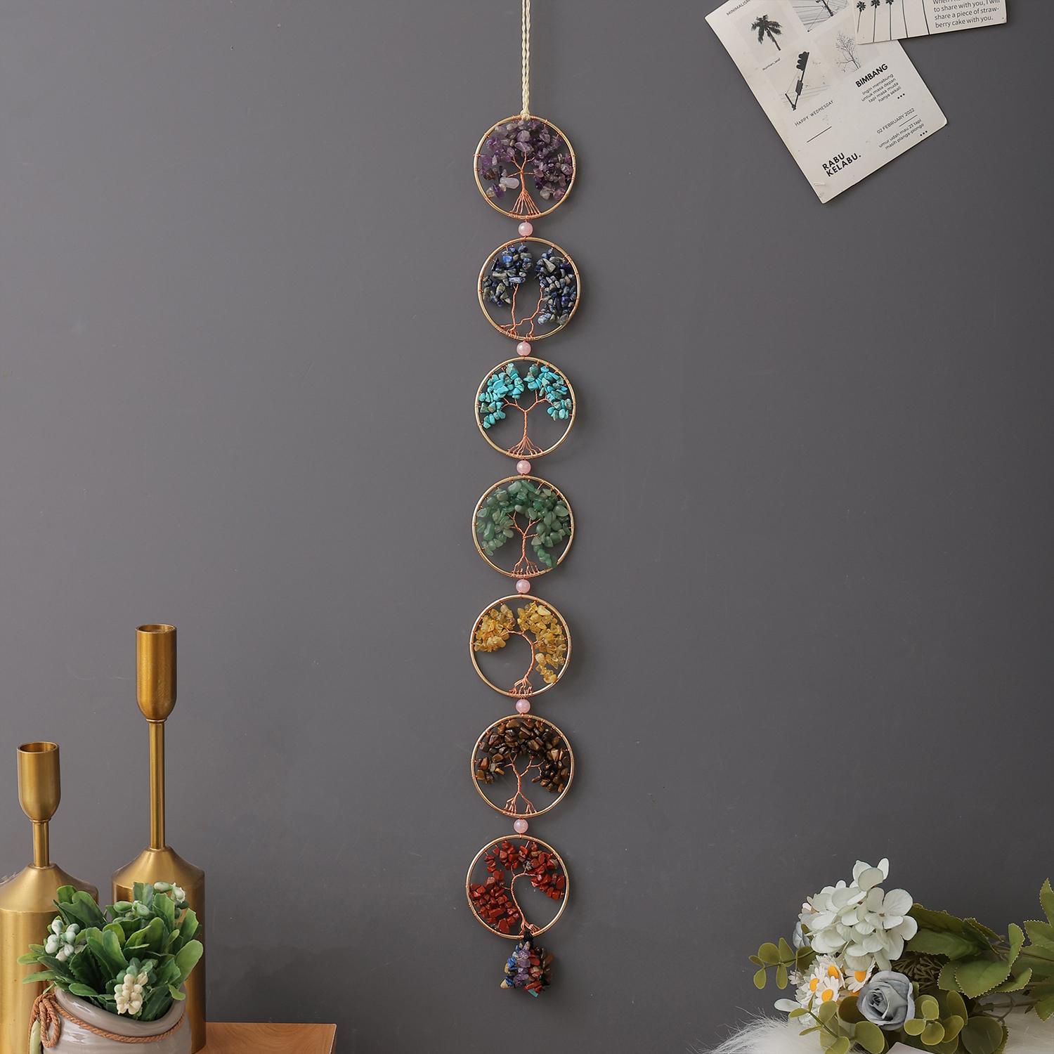 Seven Chakra Dream Catcher, Handmade Tree of Life Design Boho Interior Indoor Outdoor Hanging Decoration, Decorative Wall Art, Unique Artwork, Festive Ornament, Holiday Decor, Tree of Life Motif, Birthday Gift for Boys Girls