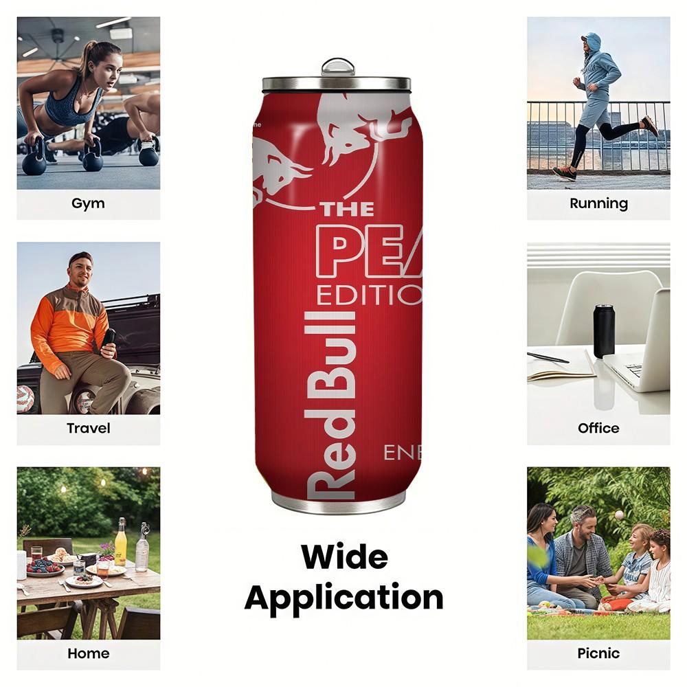 1pc 17oz Red Bull Peach Edition Vacuum Insulated Mug, Portable Stainless Steel Cup with Lid, Ideal Sports & Coffee Mug for Family Friends, Great for Camping, Outdoor & Holiday Gifts