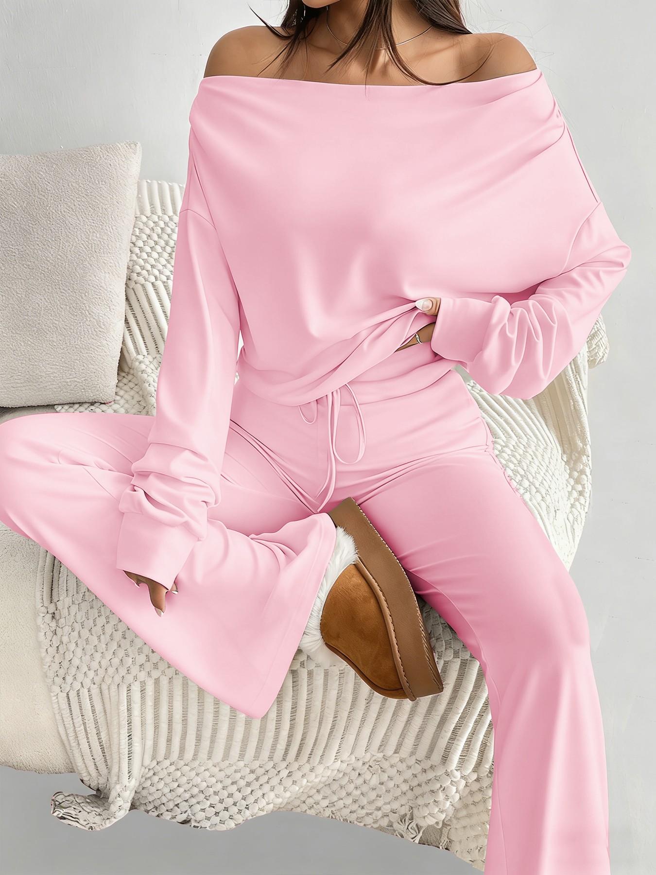 One Shoulder Long Sleeve Loose Crop Top and High Waisted Drawstring Skinny Vintage Bell Bottoms, Yoga Fitness Workout Gym Clothing, Fall & Winter