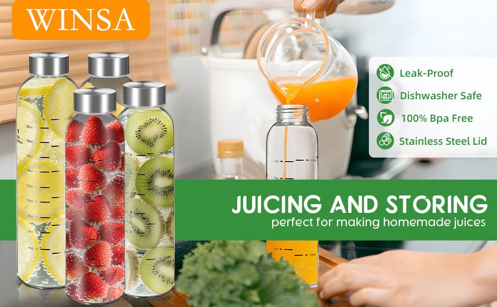 【WINSA】 Reusable Glass Juice Bottles 17oz 25oz 4Pack 6Pack Clear Water Bottle with Stainless Steel Cap 100% Leak Proof BPA Free Drinkware Washable Tumbler for Refrigerator Bottled