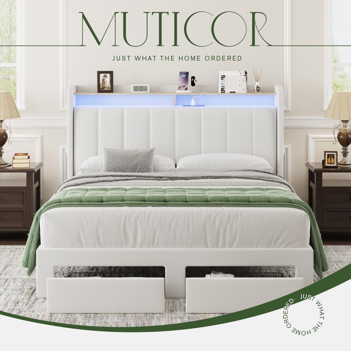 MUTICOR Upholstered Bed Frame with LED Shelf Headboard & 2 Drawers, Linen or Velvet Fabric, Smart Outlets,Full/King/Queen Bed Frame, No Box Spring Needed#TikTokShopBlackFriday #ChristmasGifts
