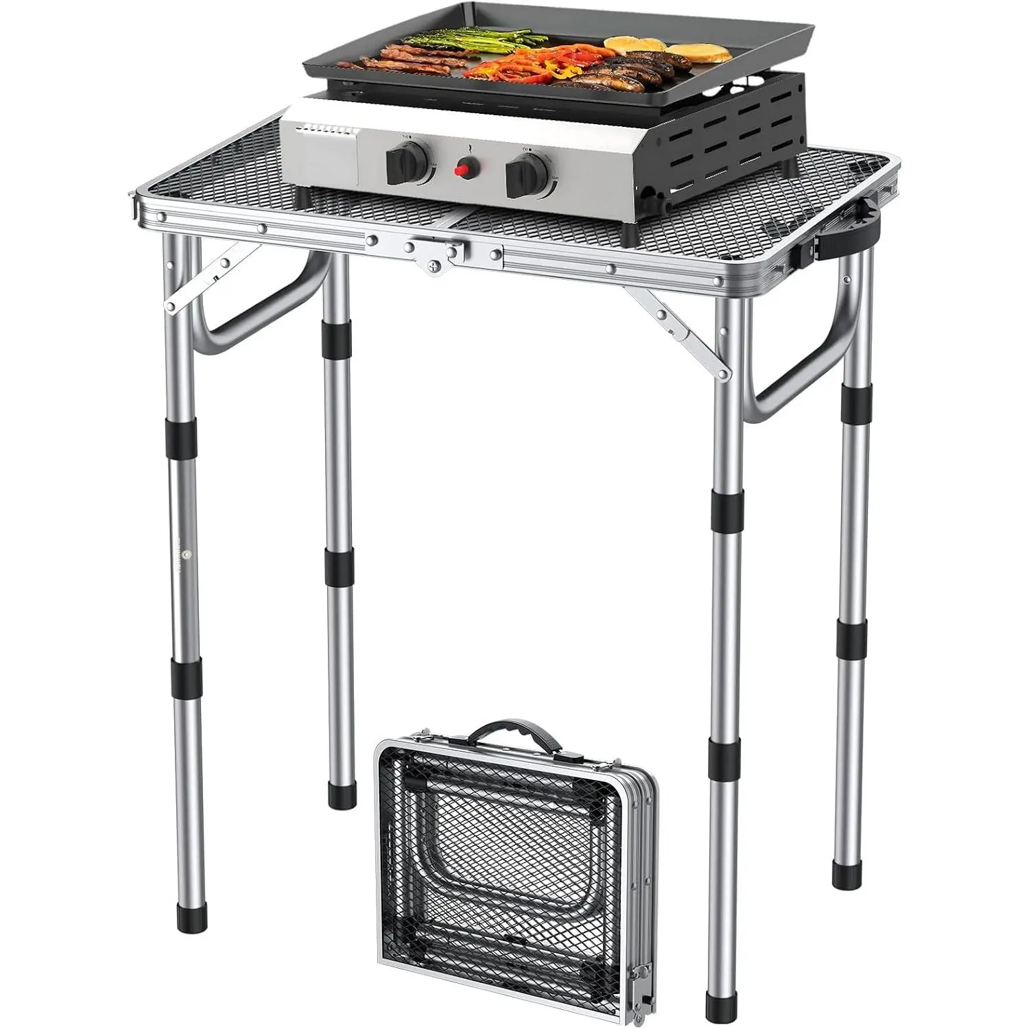 2ft Folding Grill Table 23''x16'', 3 Adjustable Heights Max 27.5'', Silver