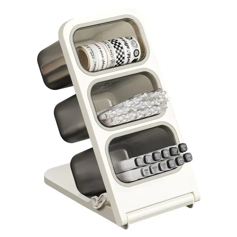 1pc Tilted Pen Holder - 3-Tier Desktop Storage Box with Easy Access Slots, Large Capacity Organizer for Markers, Pens & Supplies. Aesthetic Desk Accessory for Students, Home Office, Vanity & Study. Great Gift for Back to School, Birthdays & Holidays.
