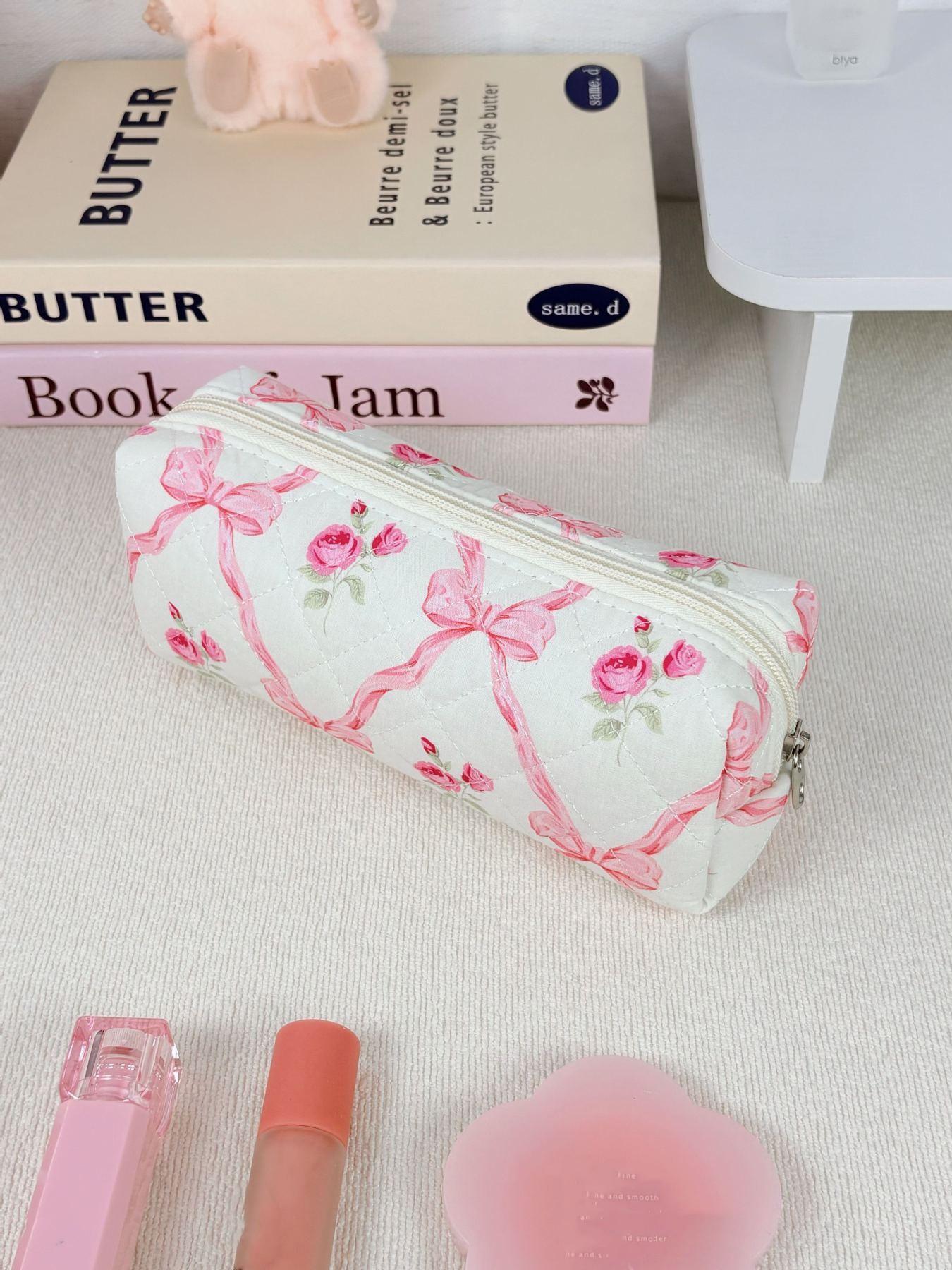 Pink rose bow quilted cosmetic bag set, multi-size cosmetic bag, suitable for daily and travel storage