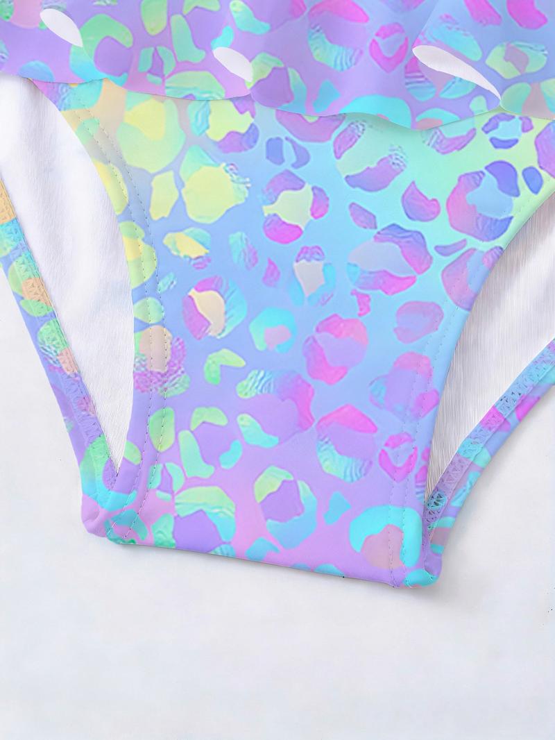 Girls Kpop Demon Hunters One-Piece Swimsuit, Colorful Polka Dot Group Image Print, Ruffled Sleeveless Swimwear, Summer Beach Wear