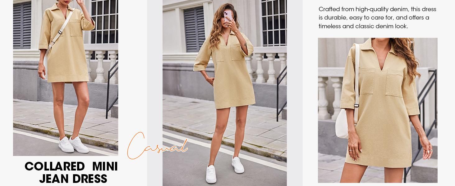 FMEYOA Womens Denim Shirt Dress Long Sleeve V Neck Loose Casual Jean Mini Dress with Pockets