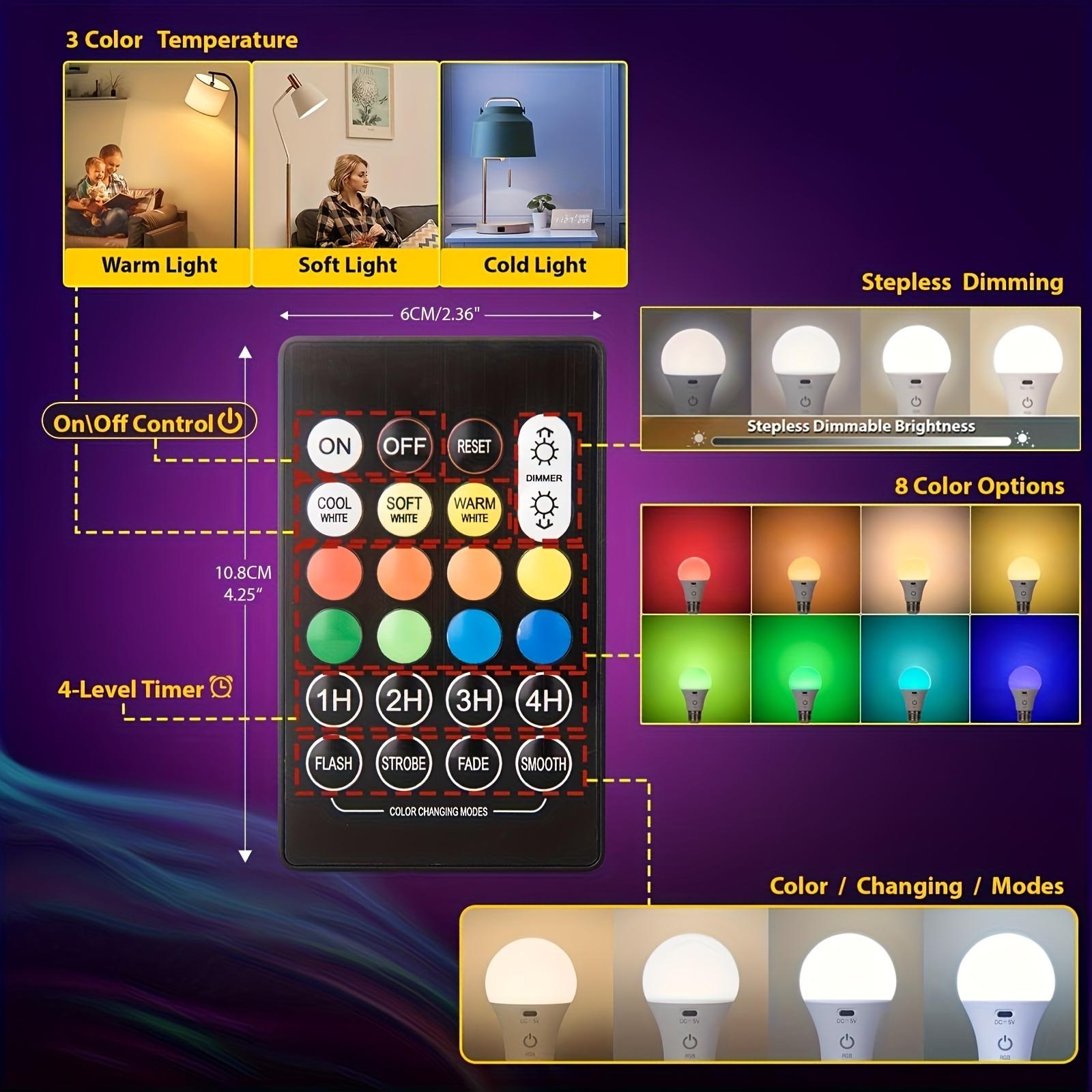 E26/E27 Rechargeable Light Bulbs with Remote Timer and 13 Color Modes Dimmable & Portable Wireless Battery Backup Bulb for Wall Sconces and Table Lamp, Detachable Charging for Non-Hardwired Fixture, Dimmer, Dimmable Led Light, Illuminating Led (1pcs)