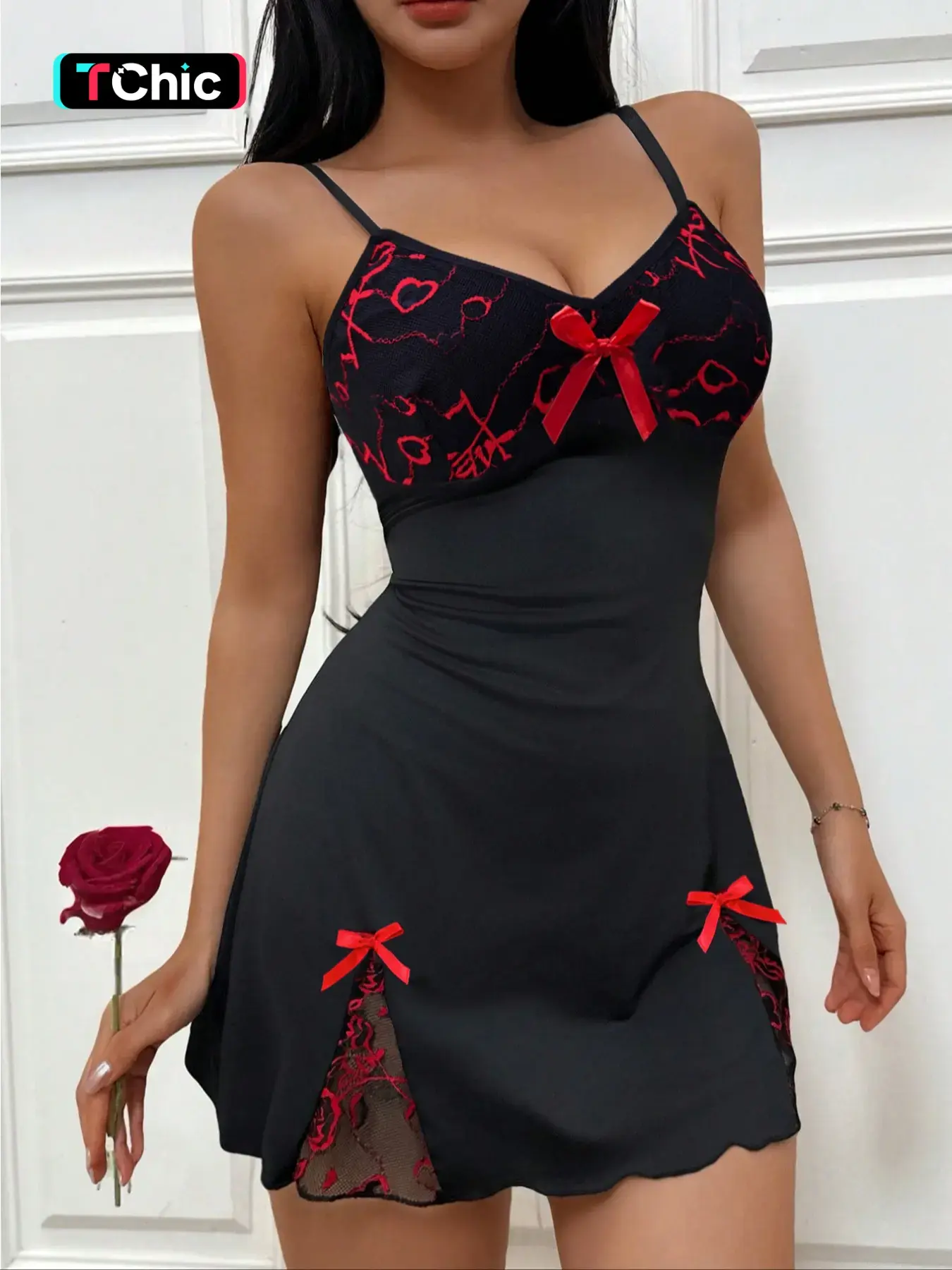 Women's Chic Elegant Split Back Strap Nightgown, Elegant Sleep Dress, Nightwear, Loungewear, Floral Lace Cup & Adjustable Straps, Soft Stretch Fabric, All Season