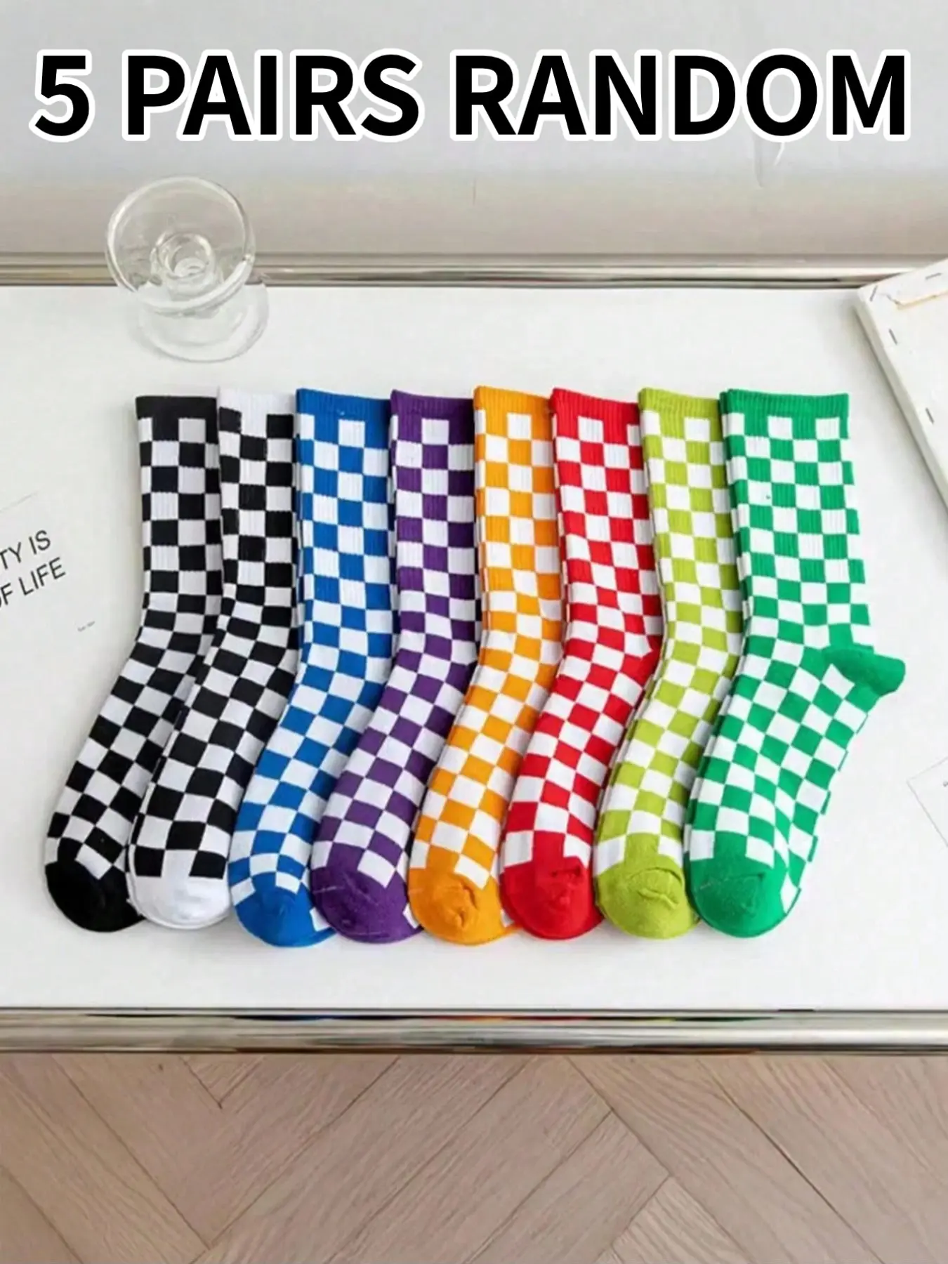 5 Pairs Random Colors Plaid Crew Socks, Casual Geometric Design, Soft Comfortable Mid-Calf Socks, Ideal for Family Daily Wear, Fall Season, Sock Sets