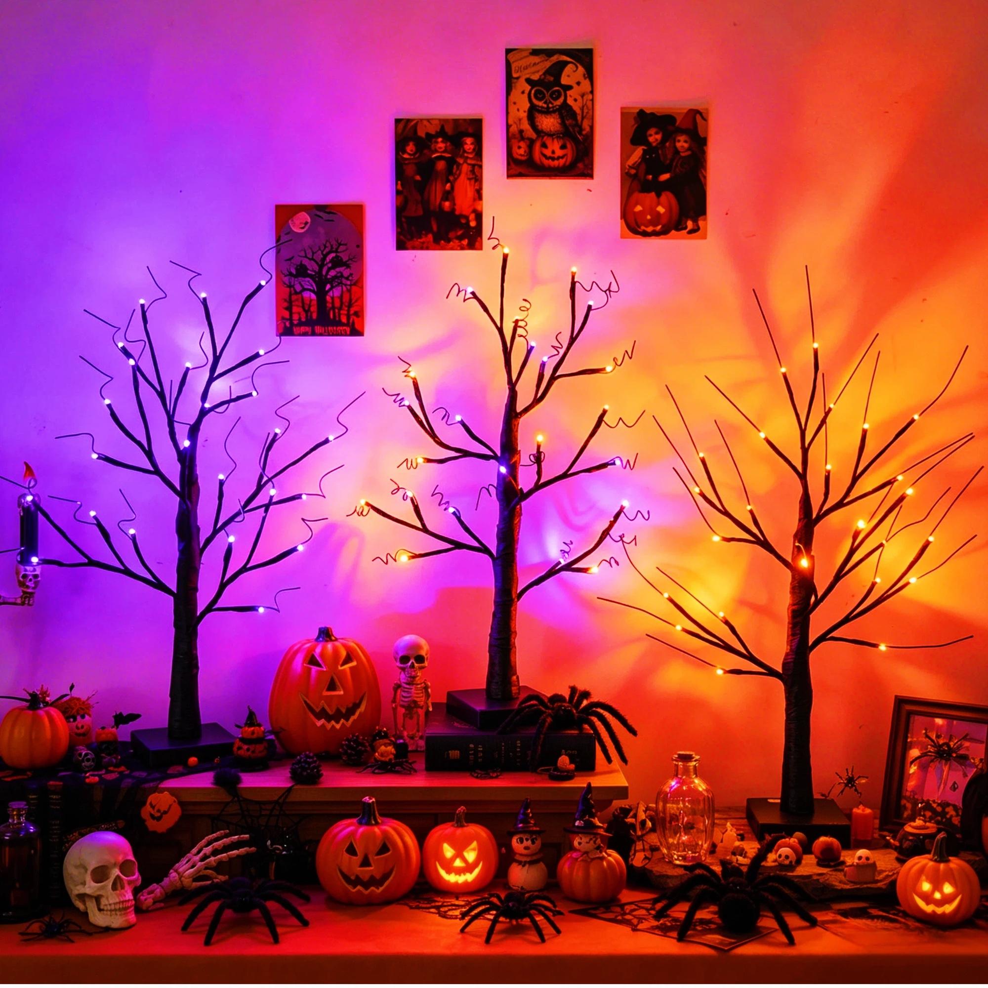 1/2 Pack 24 Inch Black Halloween Ghost Tree Light with 24 LEDs Orange & Purple Lights, USB & Battery Powered, DIY Hanging Ornament Table Lamp for Bedroom Haunted House Thanksgiving Autumn Seasonal Home Party Decor (Battery Not Included)