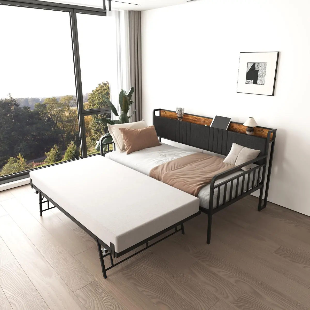 Twin Farmhouse Daybed with Sliding Barn Door Headboard, Charging Station, LED Light and Pull Out Trundle