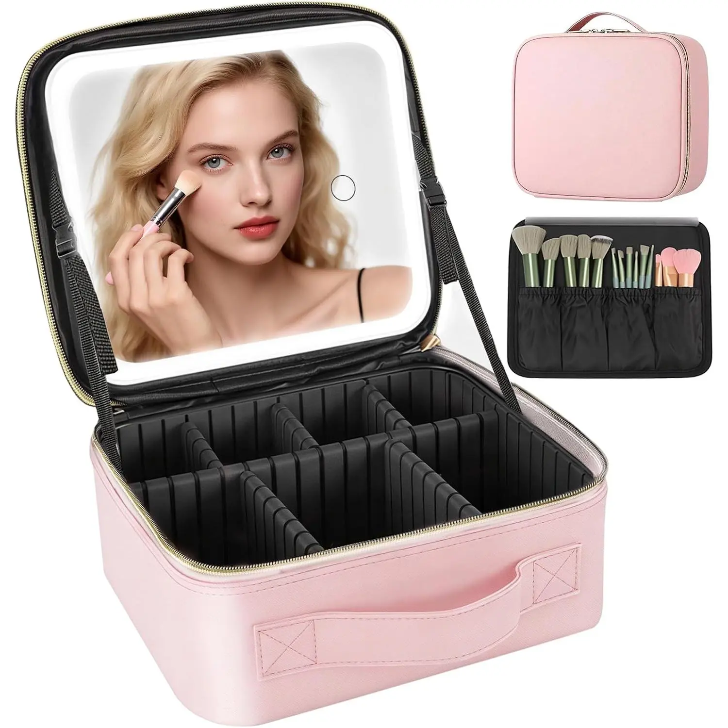 Travel Makeup Bag with LED Mirror, 3 Color Adjustable Brightness, Waterproof Cosmetic Train Case with Adjustable Dividers & Brush Holder, Portable Organizer for Travel & Makeup Artists, Pink, Pu Leather, 10 Covered Makeup Brush Slots