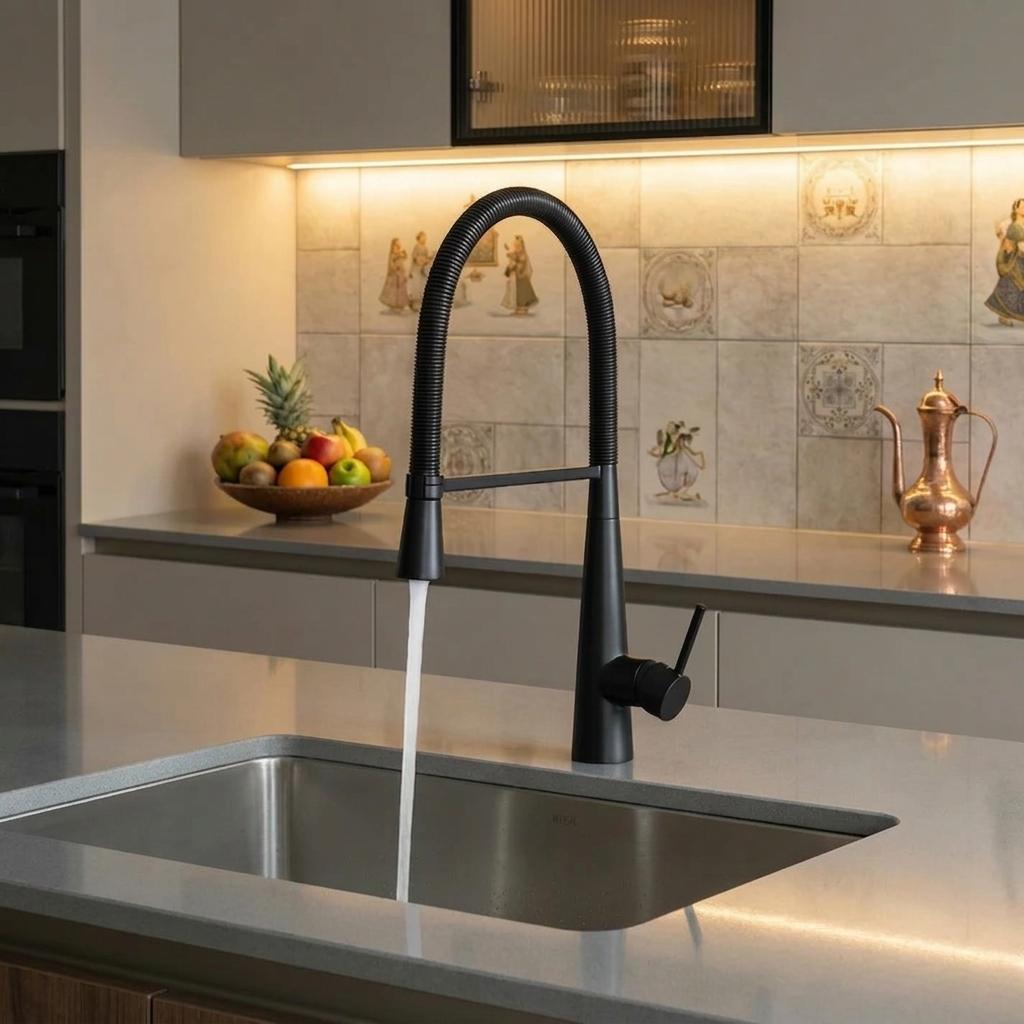 Brass Hot and Cold Water Mixing Faucet, Retractable Showerhead, Modern Design, Matte Finish, 360-Degree Rotation, Kitchen Sink