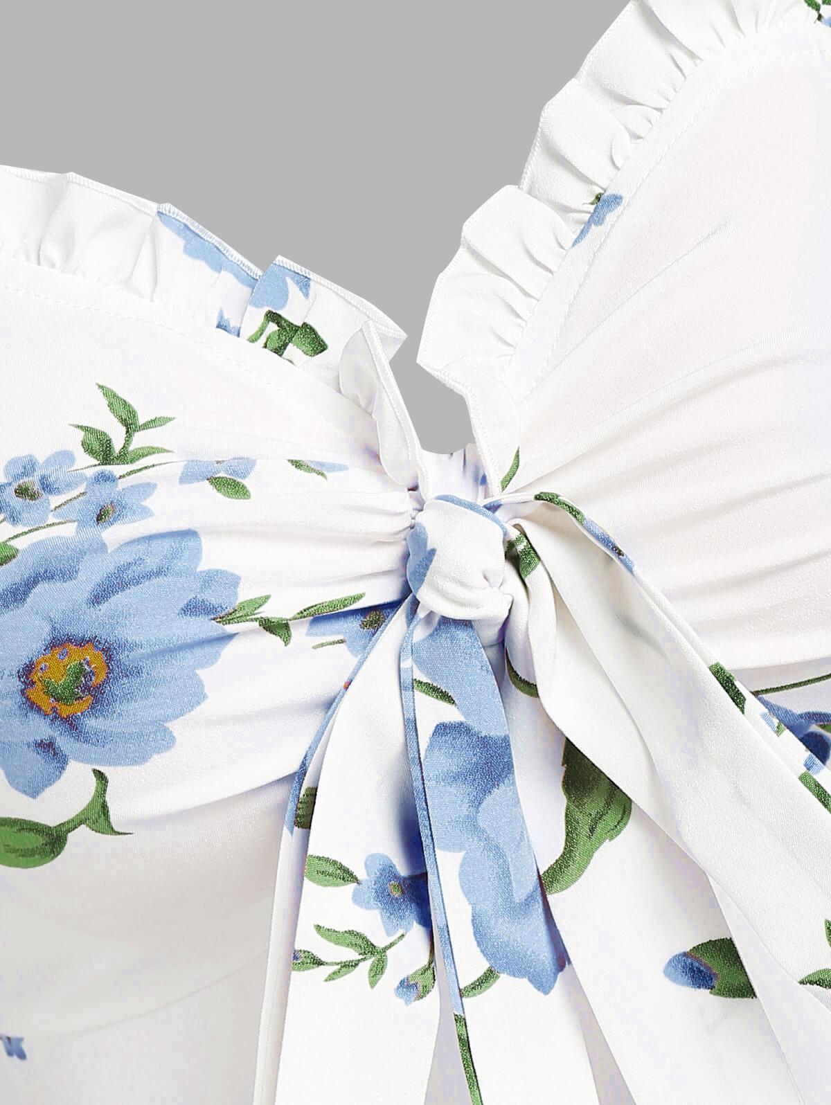 Women's Fashion Summer Dresses 2025 Floral Print Vacation Sundress Garden Party Dress Smock Back Ruffled Bowknot Mini Dress