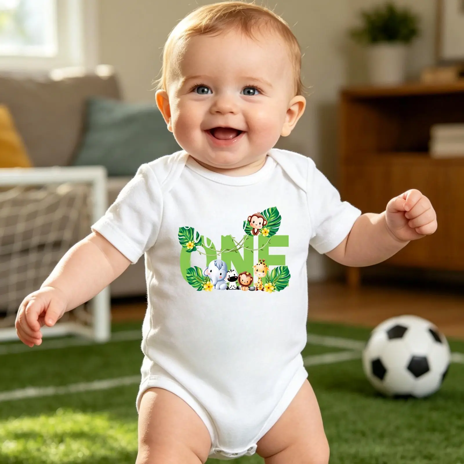 Baby Boy and Baby Girl 1st Birthday Soft Cotton Baby Onesie Jungle Animal Print Short Sleeve Daily