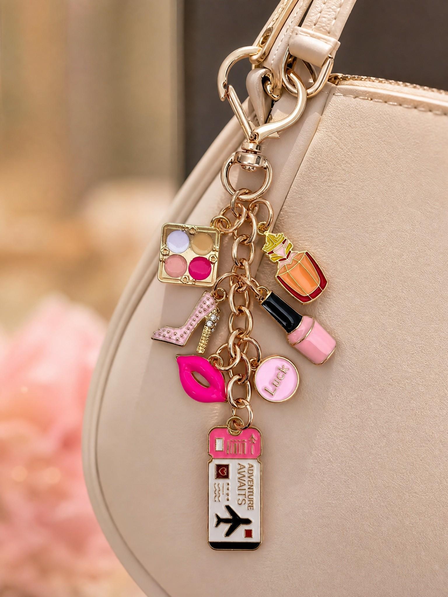 Travel Style Women's Keychain, Fashion Bag Charm, Lucky Makeup Bottle Accessory, Elegant Ticket Pendant, High Heel Shoe Decor, Wallet Ornament, Keychain Accessories, Key Ring Accessory