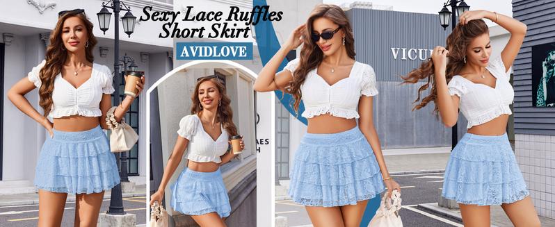 Avidlove Women Pleated Mini Skirt Lace Ruffles Short Skirt High Waisted Floral Layered Skirts