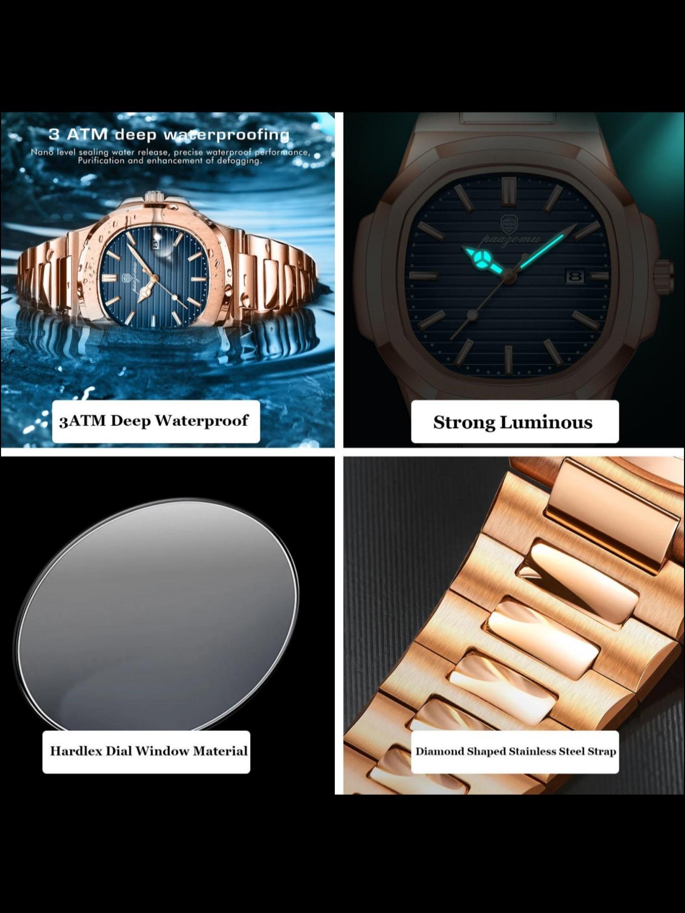Luxury Men's Elegant Square Dial Luminous Waterproof Stainless Steel Watch with Calendar, High-Quality Quartz Analog Business Watch, Fashion Wristwatch, Stylish Watch, Perfect Gift