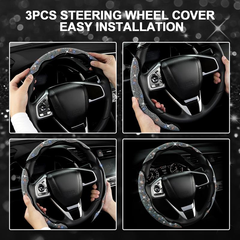 Queen's Land Diamond Bling Sparkly Car Steering Wheel Cover with Crystal Rhinestones,3PCS Segmented Steering Wheel Protector,Universal for 99% Cars for Women;Christmas Gift;Holiday Gift