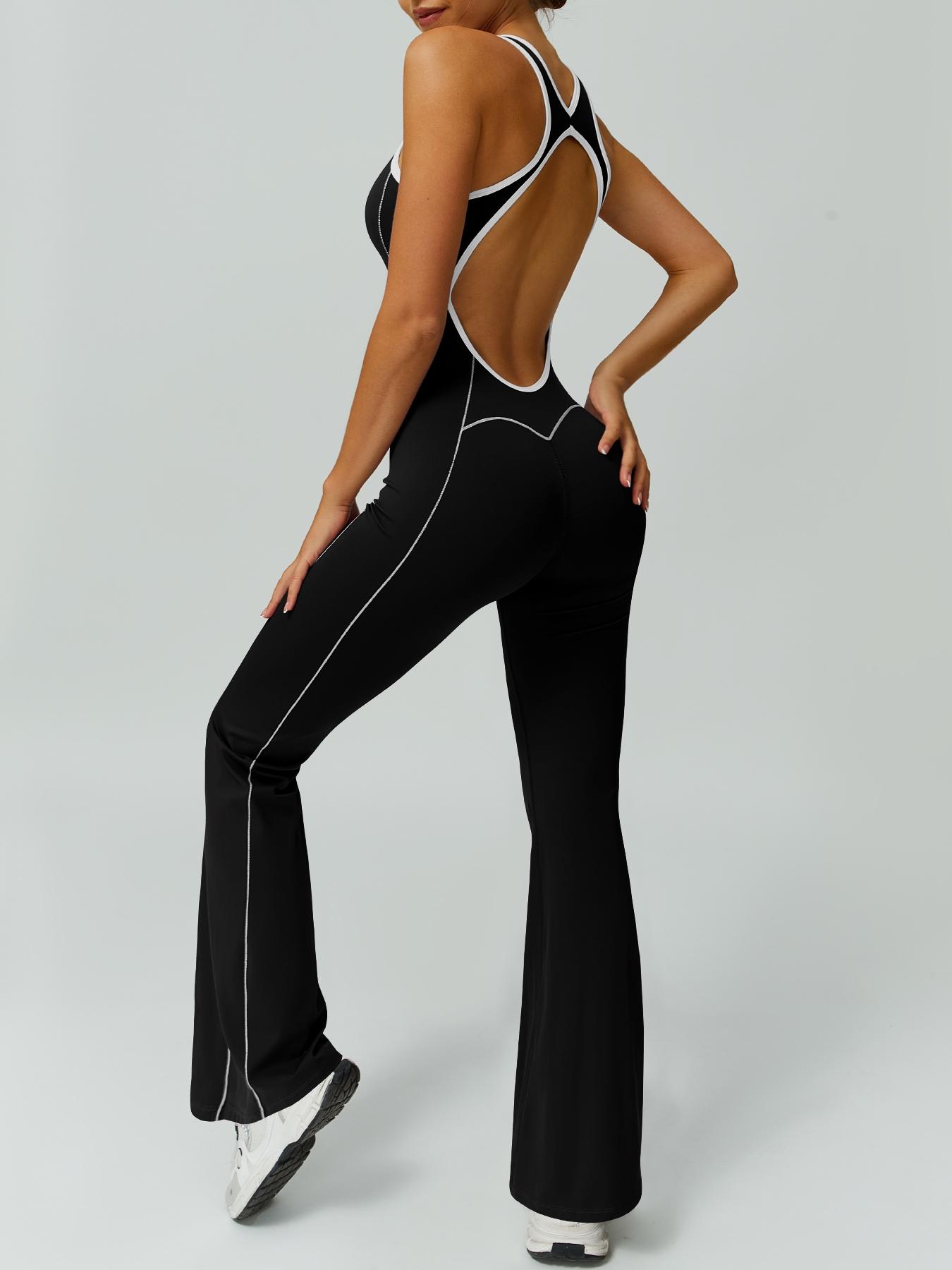 Women's color blocked backless jumpsuit comfortable and nude with a cinched waist sleeveless U-neck wide leg flared pants yoga clothes jumpsuit suitable for gym training outdoor running dancing tennis seasonal fashion contrasting Backless Sports Jumpsuit