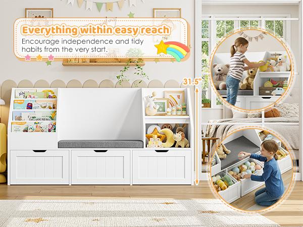 FOTOSOK 55.1'' Kids Bookshelf with Reading Nook, Toy Storage Organizer with Seat Cushion and 3 Movable Drawers, Kids Reading Nook Toy Organizers and Storage with Bench for Playroom
