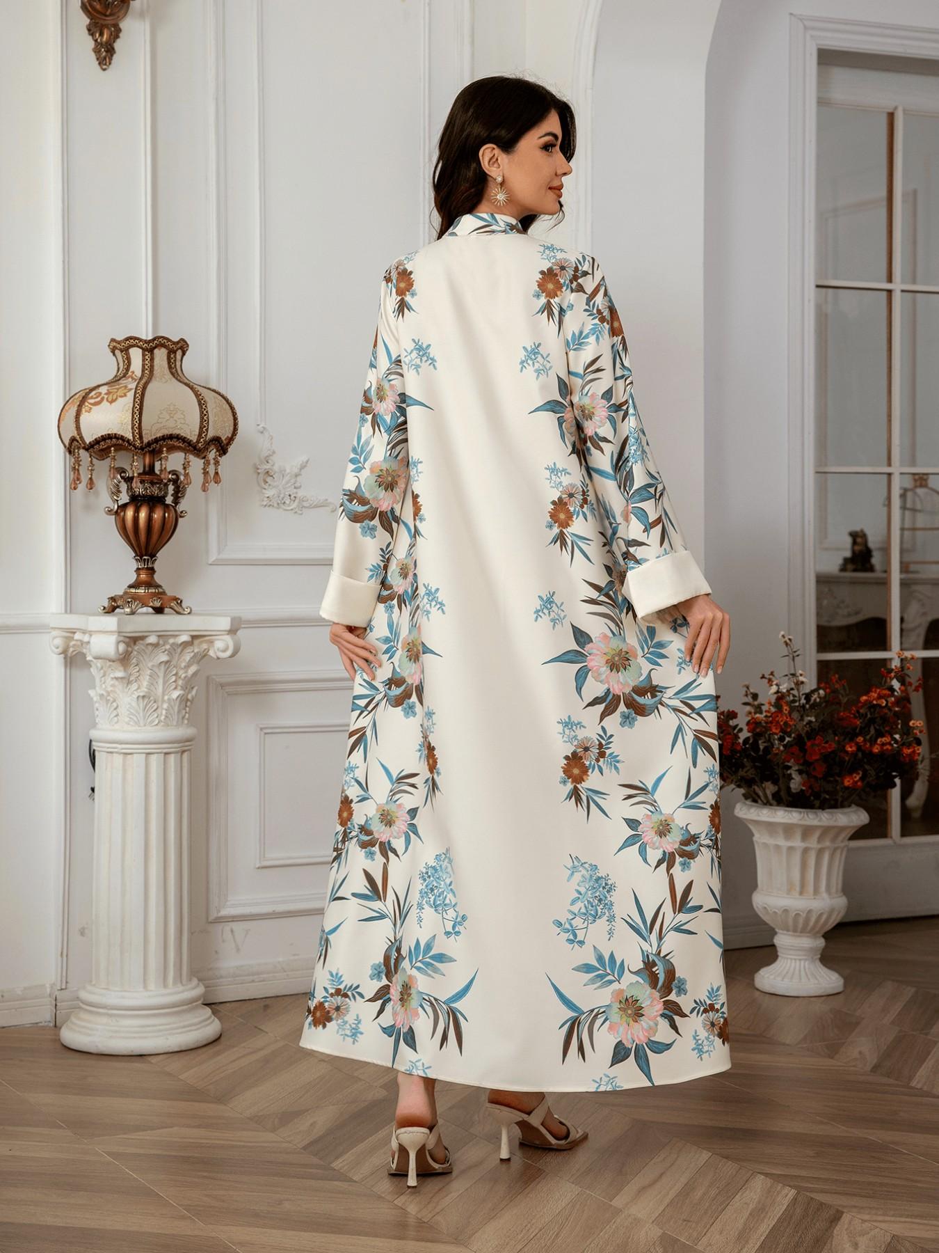Elegant Muslim Women Long Robe Printed Dress Jalabiya, Stylish Floral Pattern, Comfortable and Chic, Perfect for Daily Wear