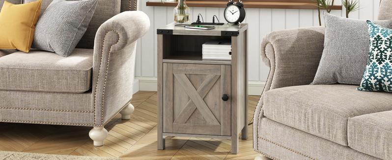 Vabches Nightstands Set of 2, Farmhouse End Tables with Charging Station, Bedside Tables with Barn Door and Shelf, Rustic Living Room Bedroom Side Table