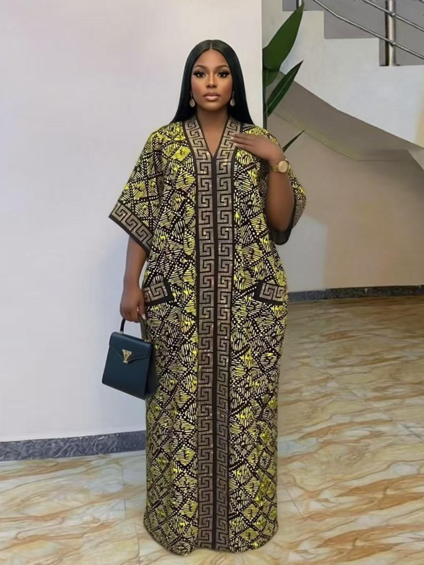 Plus Size African-Style Kaftan Dress for Women, Geometric Print Ethnic Loose V-Neck Boubou with Pockets for Casual Boho Chic Party Wear, Comfortable and Stylish