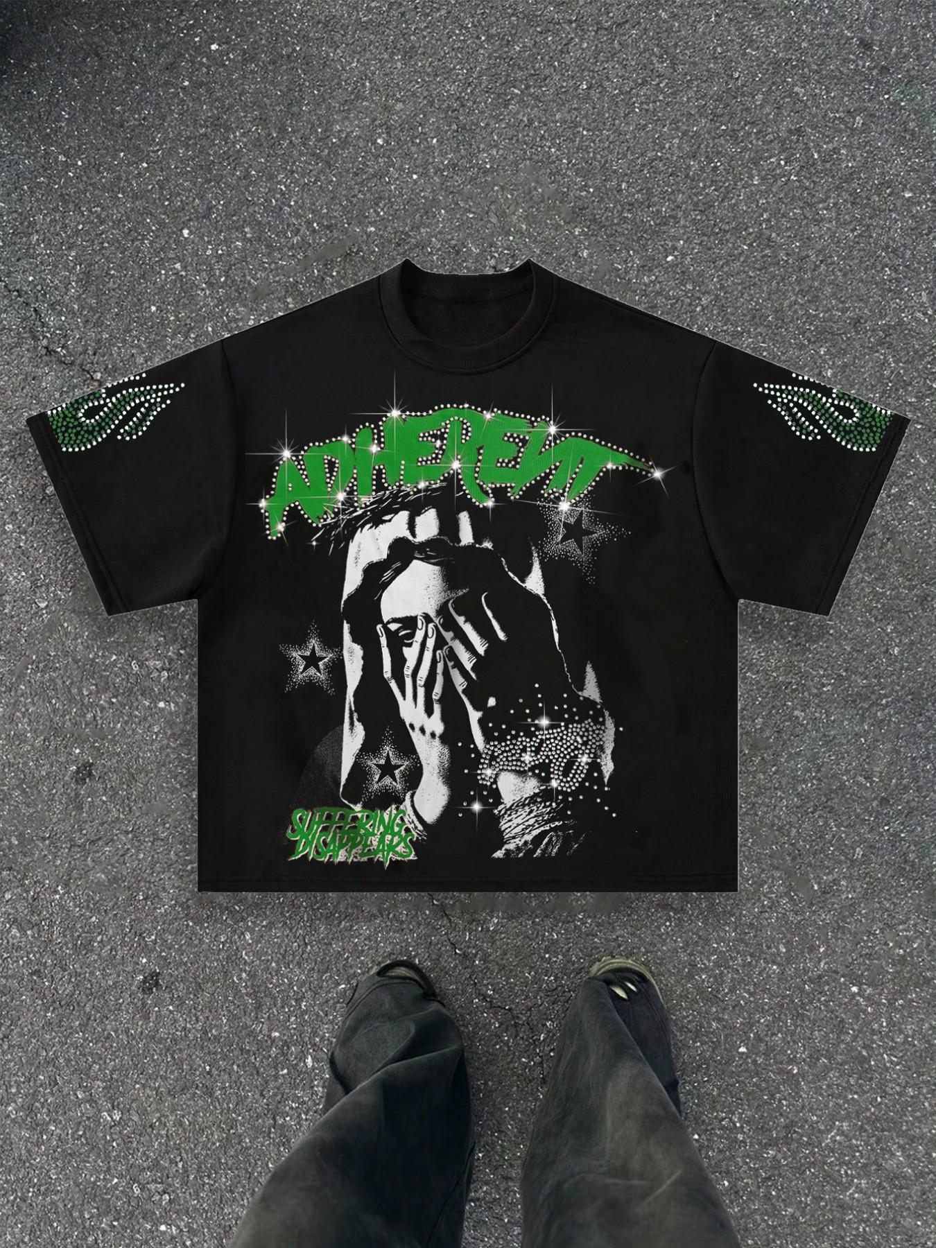Adherent Loose Rhinestone T-Shirt, Round Neck, Face Print + Rhinestone Font, Soft Cotton Blend Fabric, Y2K Gothic Style, Casual, Daily Wear, Party, City Essential, Streetwear, Menswear