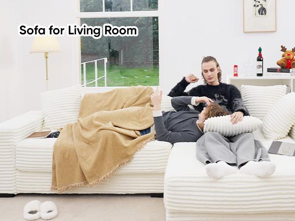 【3 Packages shipping】111‘’ Sectional Cloud Couches with L Shaped Chaise, Extra Large Sleeper Couch Reversible Corduroy with 8pcs Pillows for Living Room, Bedroom-Beige