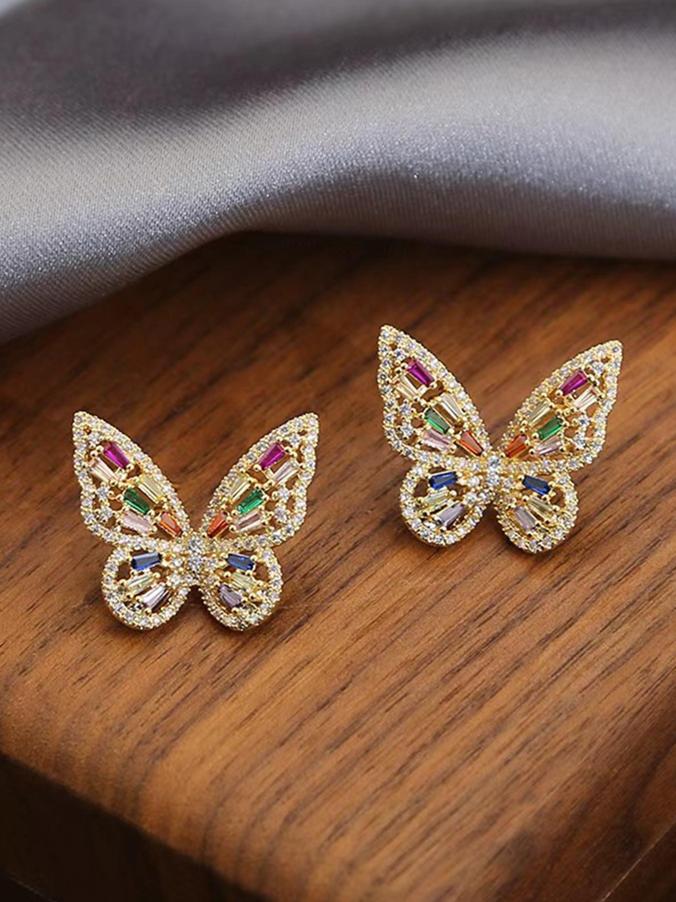 Women's Hypoallergenic Luxury Rainbow Crystal Butterfly Stud Earrings, Gold Plated Full Paved Multi-Color Rhinestone Inlaid Statement Earrings, Fashion Jewelry for Party Wedding Everyday Wear & Gift