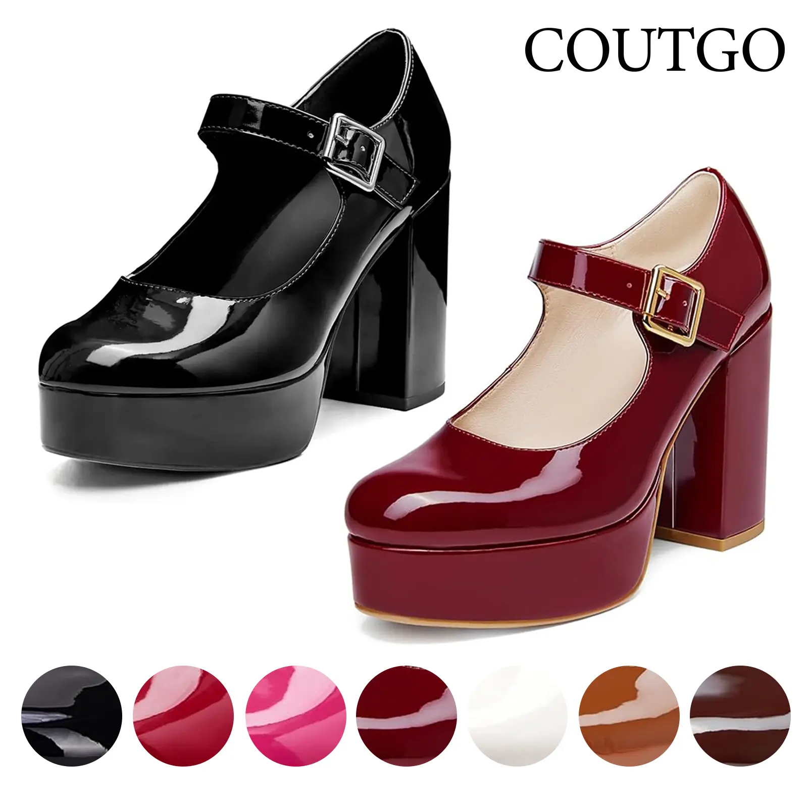 Coutgo Womens' T-Strap Round Toe Chunky Platform Heels Patent Mary Jane Dress Shoes Elegant Footwear tiktokshopbacktoschool