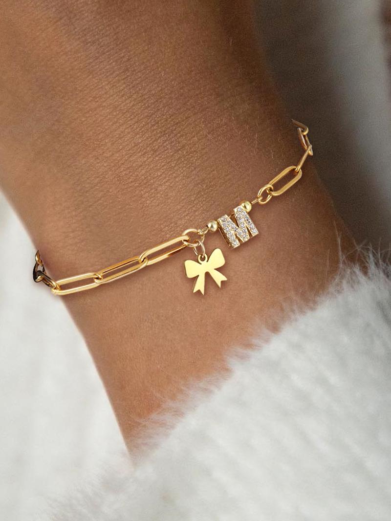 Bowknot Design Initial Bracelet, Rhinestone Decorated Link Bracelet for Women & Girls, Fashion Jewelry for Party, Daily Decor, Trendy All-match Jewelry for Gift, Personalized Jewelry