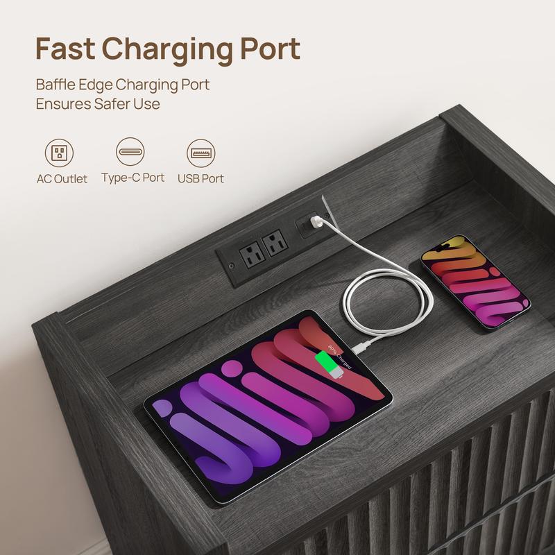 SICOTAS Night Stand Set of 2 Fluted Nightstands with Charger Station, Large Modern Nightstand Bedside Table End Table with 2 Drawers, 25" Wide Farmhouse Night Stands for Bedroom, Sofa Side