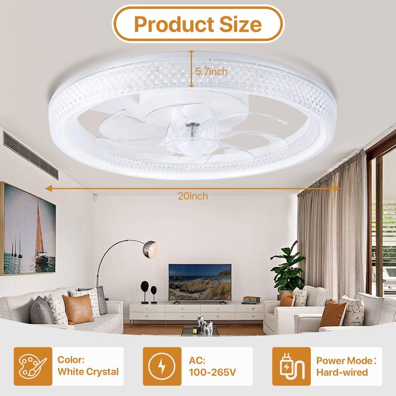 GLITGATE Ceiling Fan with Light, White Crystal Fan, 6-Speed + Reversible Motor Design, APP Remote Control, Timer Dimming, 3 Color Temperatures for Bedroom Living Room Study - Hardwired Power Design