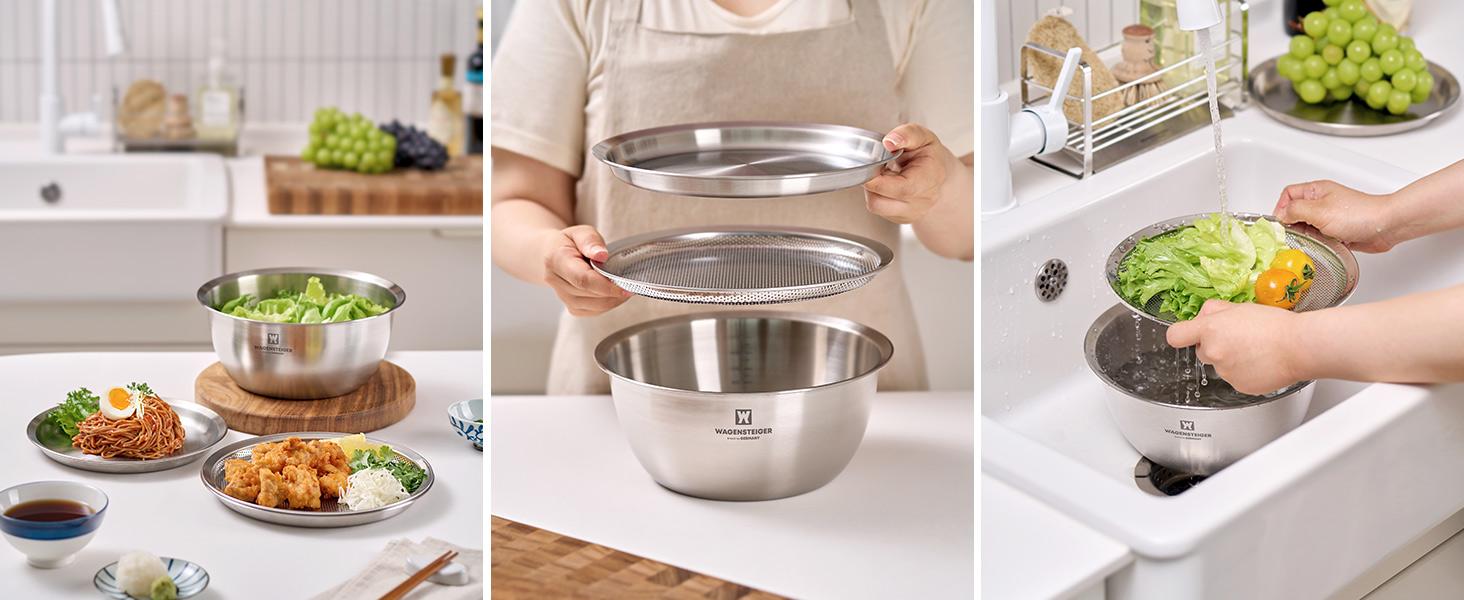 3-Piece Stainless Mixing Bowl Set with Strainer & Oil Drain Tray – Nesting Prep & Baking with Measurement Marks (9.45 in) 3-Piece Stainless Mixing Bowl Set with Strainer & Oil Drain Tray – Nesting Prep & Baking with Measurement Marks (9.45 in)