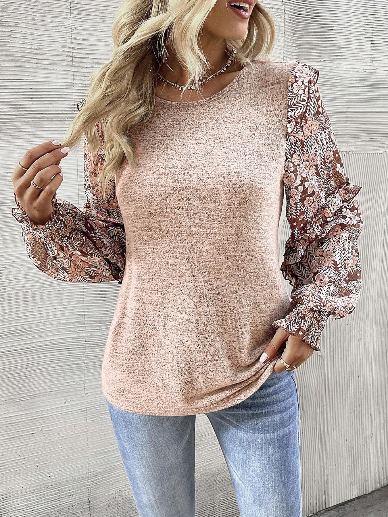 Women's Round Neck Lantern Sleeve Floral Print Patchwork Casual Cute Fitted Fall T-Shirt, Long Sleeve Top for Autumn Fashion