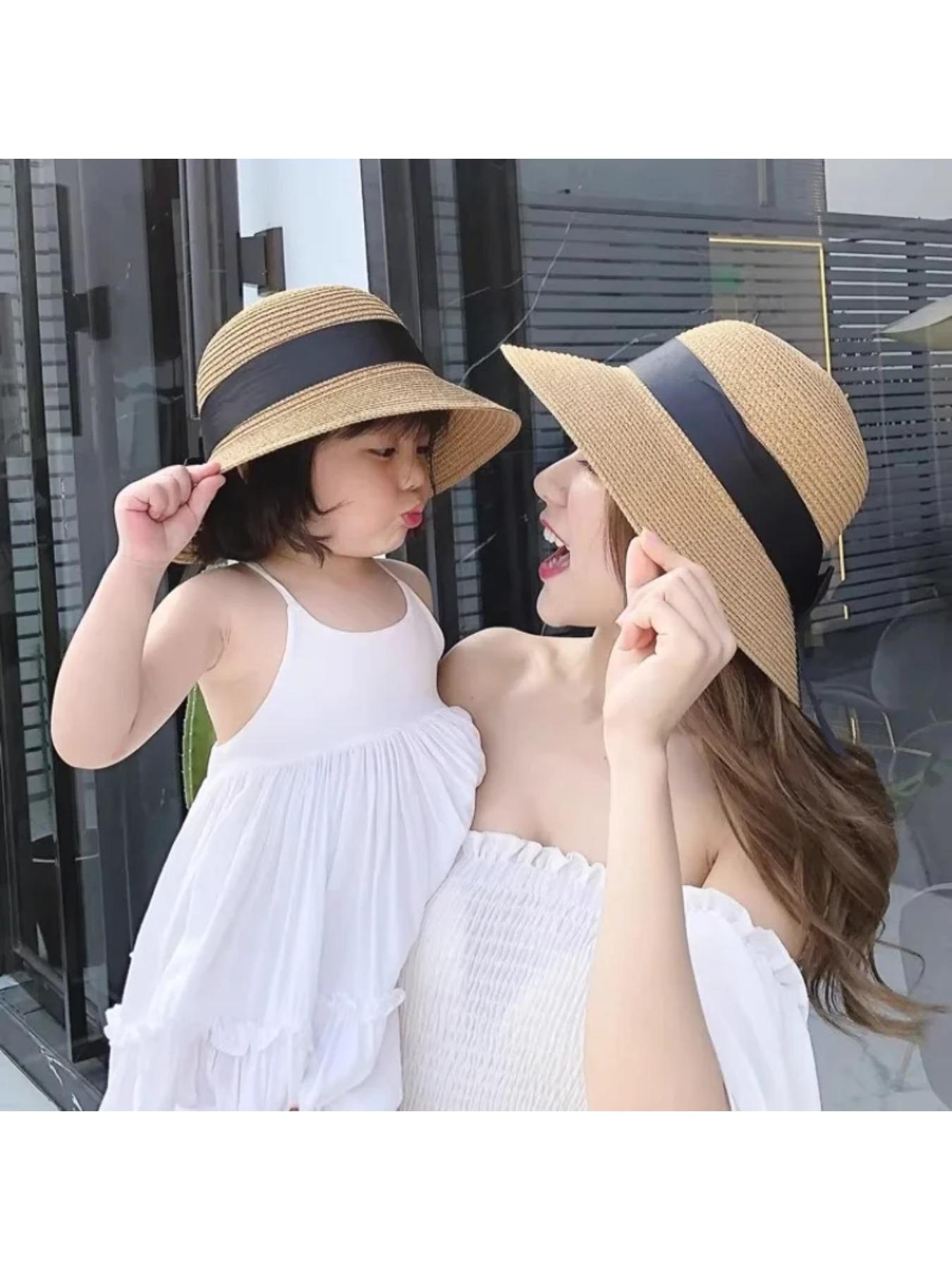 Summer children's and mothers' sun hats for beach and sand hats for girls - large brimmed straw hats for sun protection