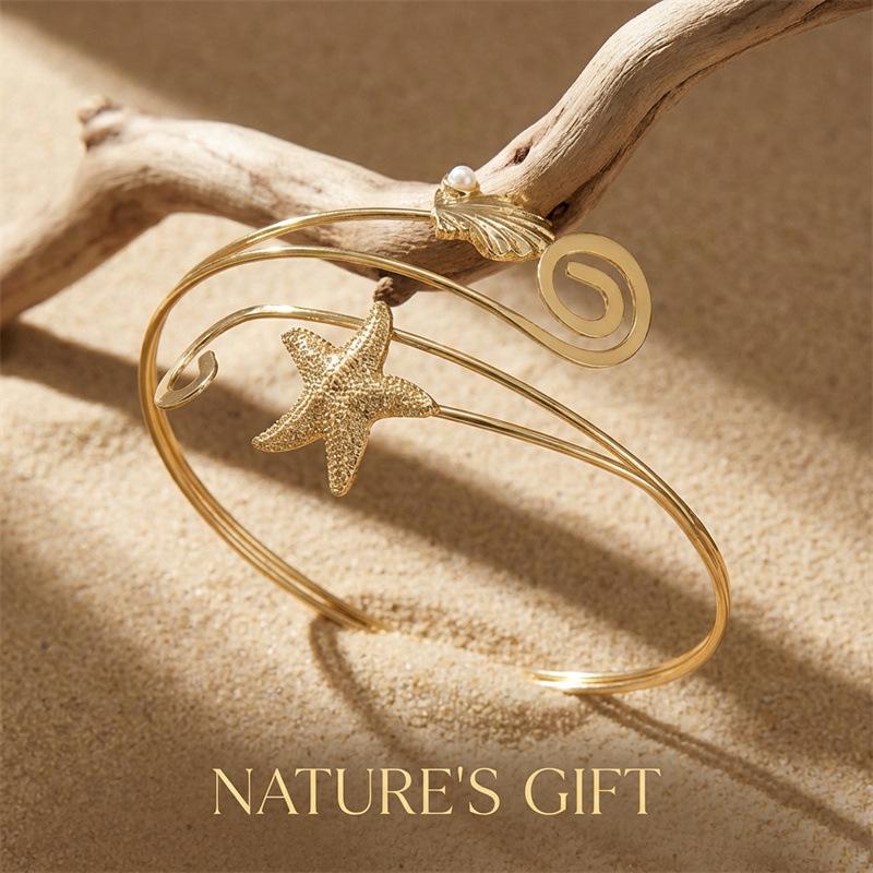 Elegant Starfish and Seashell Open Bangle Bracelet for Women Adjustable Metal Arm Cuff Jewelry Trendy Ocean Inspired Fashion Accessory Summer Beach Style