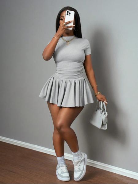 Two-piece Set Women's Solid Color Tee & Skort, Casual Short Sleeve T-shirt & Skort for Daily Wear, Ladies Clothes for Spring & Summer, Cute Summer Outfit