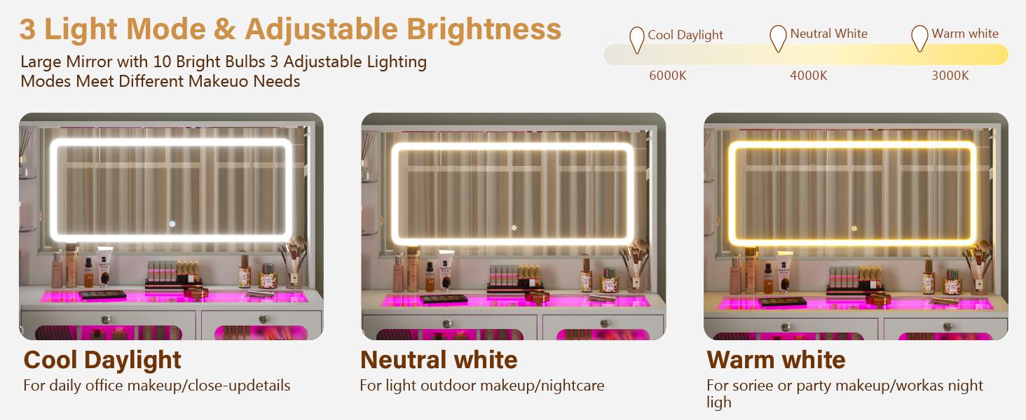 CollaredEagle Vanity Desk Set- L Makeup Vanity with Mirror and Lights 3 Lighting Modes, Large Dressing Table with 58Tempered Glass Drawers with Open Storage Shelves Vanity Table, White Upgraded