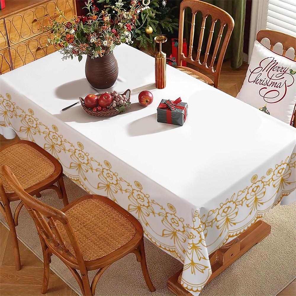 Rectangular Tablecloth with Floral and Bow Edges, Polyester Material, Multiple Sizes Available, Easy to Clean