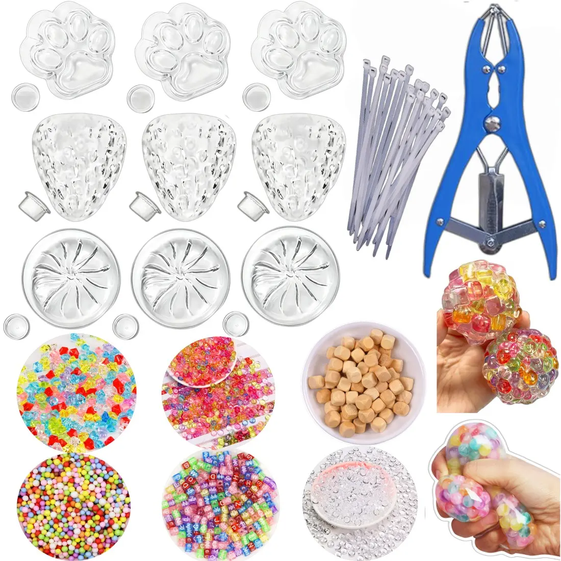 DIY Pressure Ball Making Kit with Filling, Strawberry, Dumpling, Cat Paw Shapes, Transparent Skin, 6 Packs, Expansion Tool, Adult Stress Relief