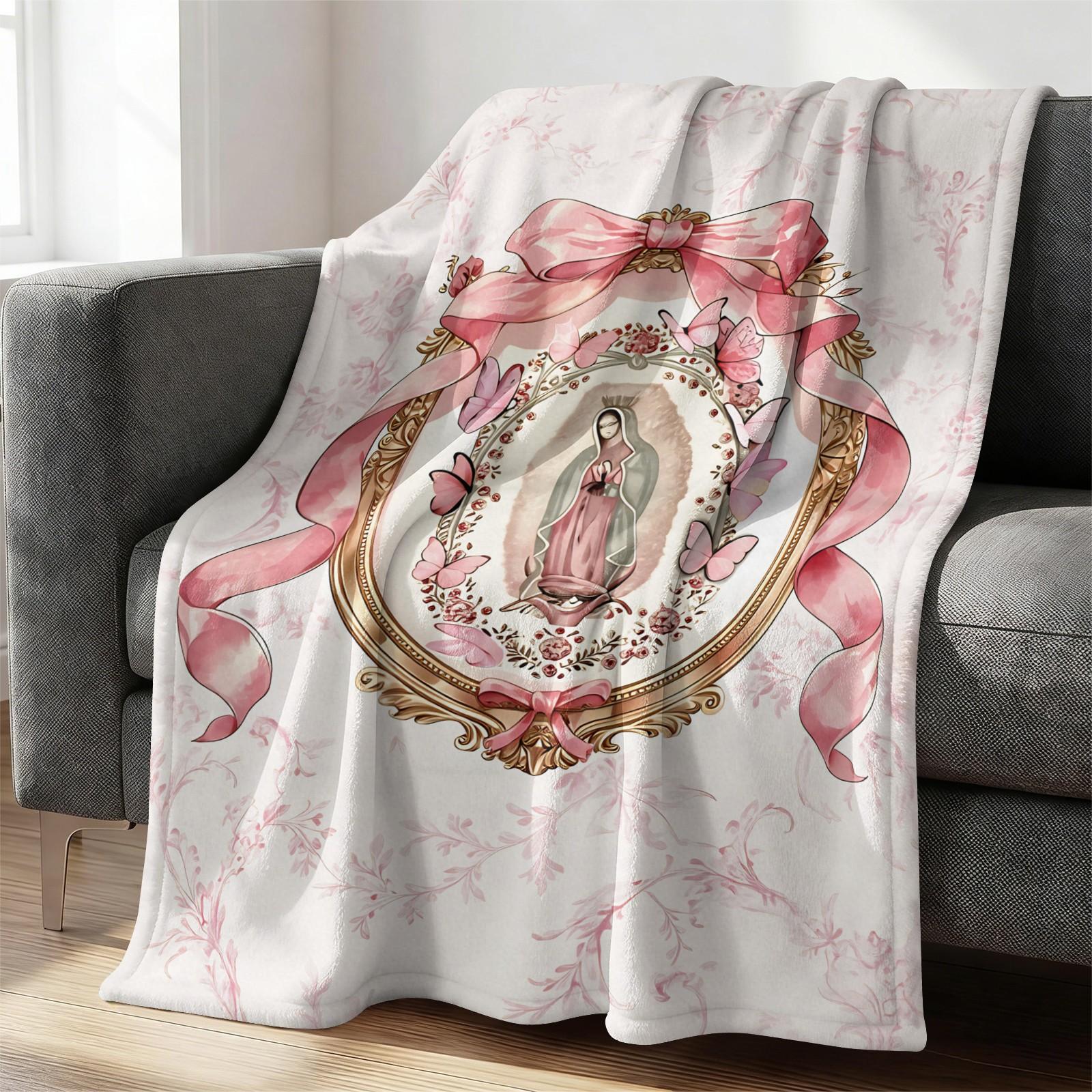 Our Lady of Guadalupe Flannel Throw Blanket, Cozy Warm Fleece Blanket with Pink Bow & Butterfly Print, Soft Plush Gift Blanket for Couch Bed Sofa, Decorative Religious Blanket for All Seasons, Perfect Gift for Friends & Family
