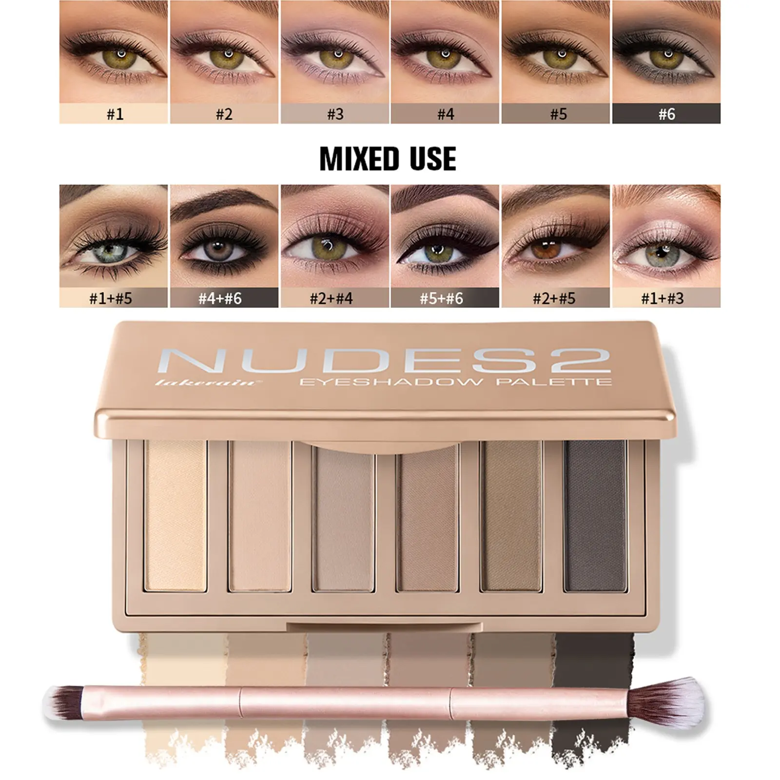 Lakerain NUDES2 Palette & Dual Brush Kit -Matte Nude Eyeshadow, Smooth Matte Texture, Fine & Non-Flying Powder, Easy Application, Long-lasting Makeup, 6-Color Mix and Use to Create Creative Eye Makeup, Travel Portable Eye Shadow, Women's Makeup Set