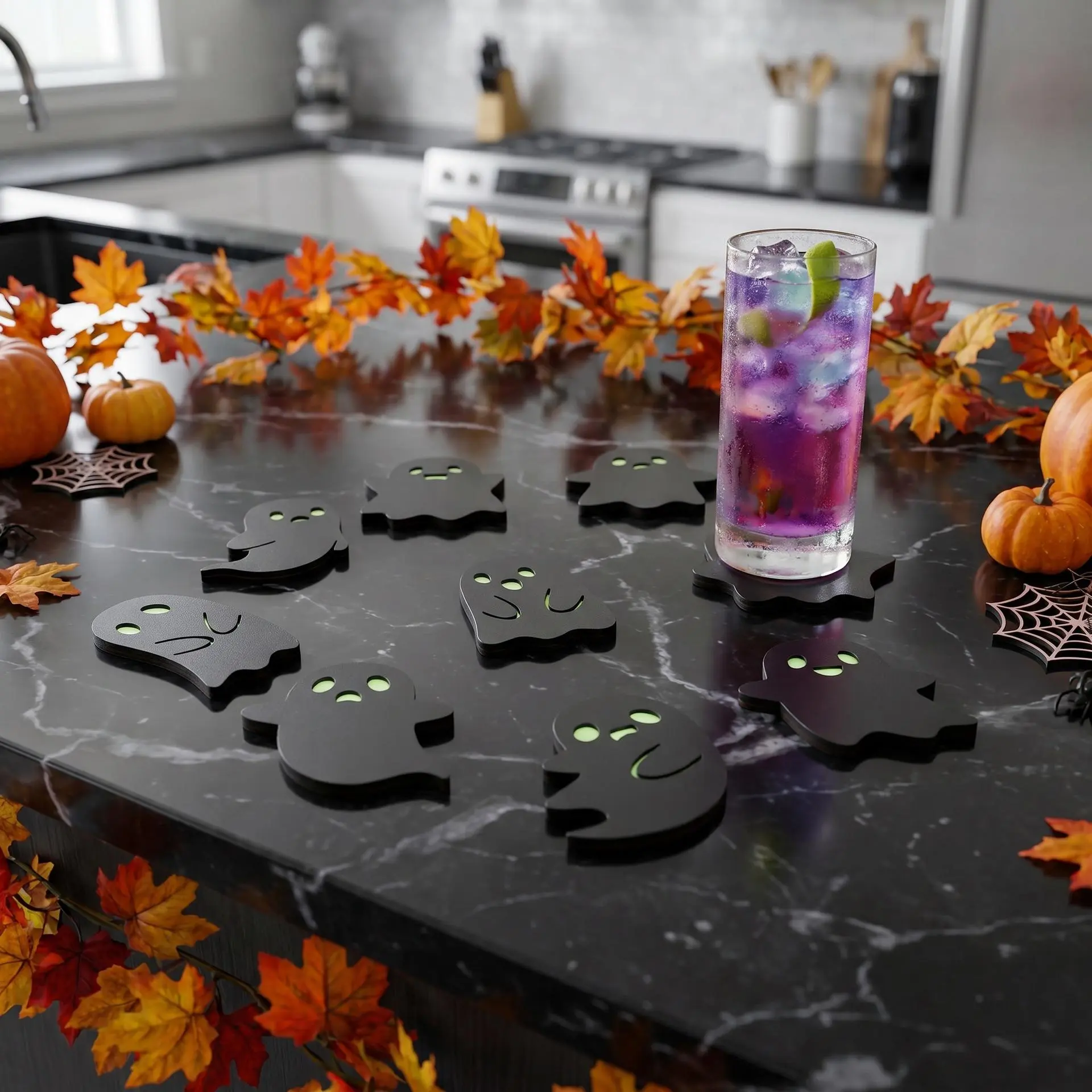 Spooky Vibe black ghost glowing face coaster table protector funny drink coaster set kitchen bar Halloween party decor