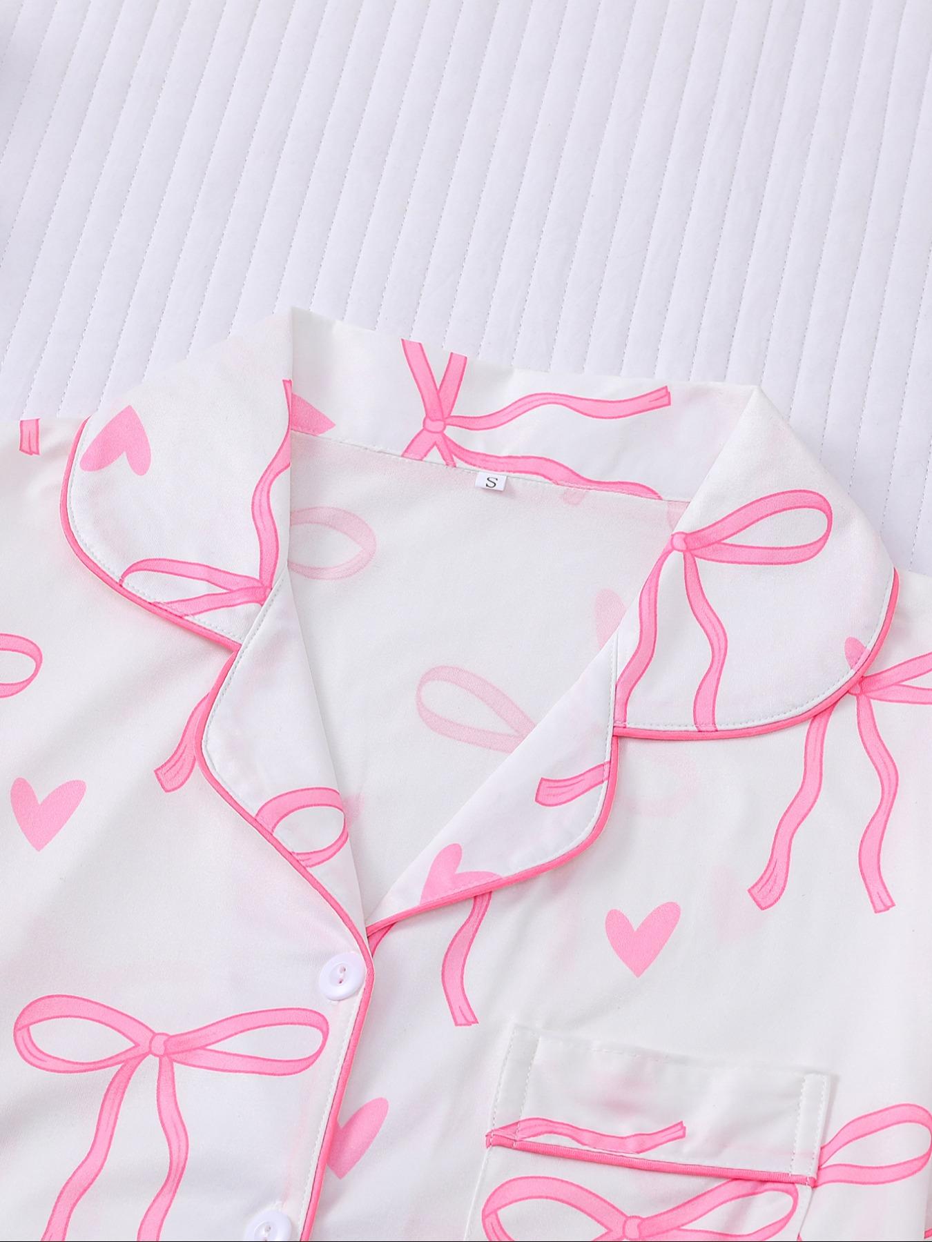 Women's Bowknot Printed Pyjama Set, Casual Outdoor Wear, Soft Shirt & Elastic Shorts, All-Season Comfortable Home Clothing, Loungewear